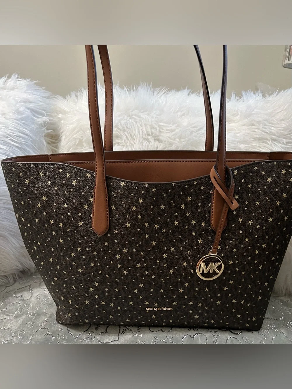 NWT Michael Kors Arden Brown Star-Print Logo Tote with Tan Trim